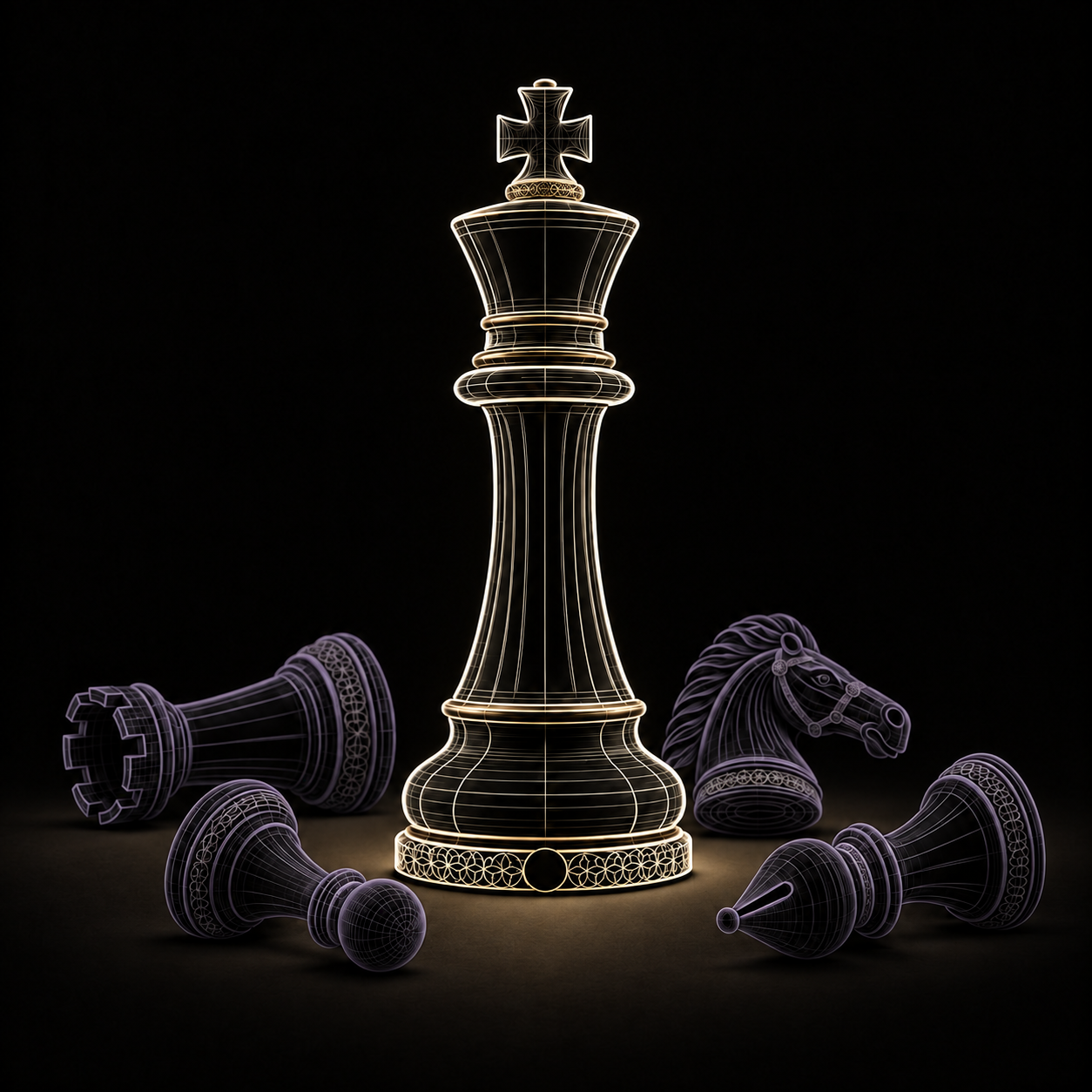 An ivory wireframe king standing among fallen lavender-grey chess pieces.